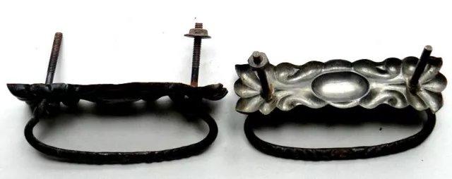 Pair Stamped Brass Fancy Drawer Pulls Iron Bail Handles 3" c-t-c 3