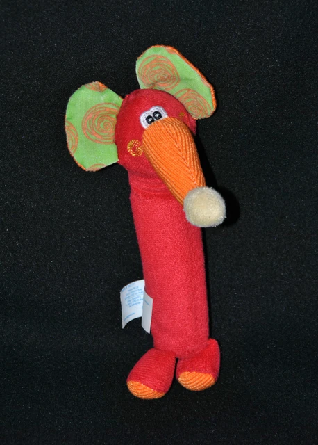 Peluche Doudou Eléphant PLAYGRO Rouge Trompe Orange Pouet 17 Cm TTBE