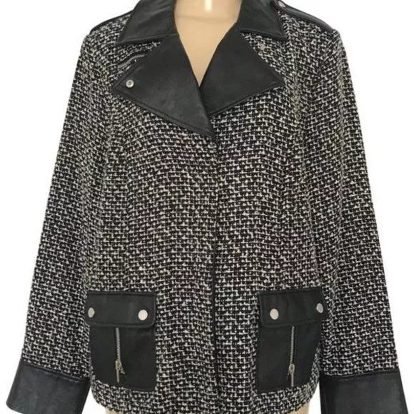 Bradley Bayou Houndstooth Leather Tweed Moto Wool Blend Jacket Women's S