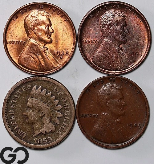 4-Coin Lot 1909 VDB, 1909, 1935-S Lincoln Wheat Cents & 1859 Indian Head Cent