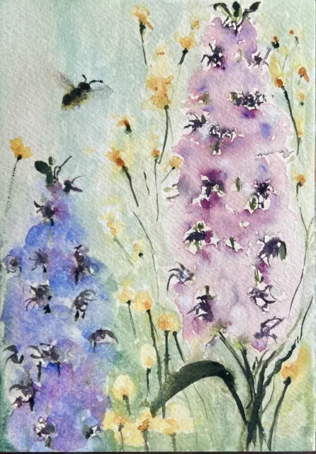 Original Signed Watercolor Painting. Impressionistic Wildflowers. Larkspur. Bee