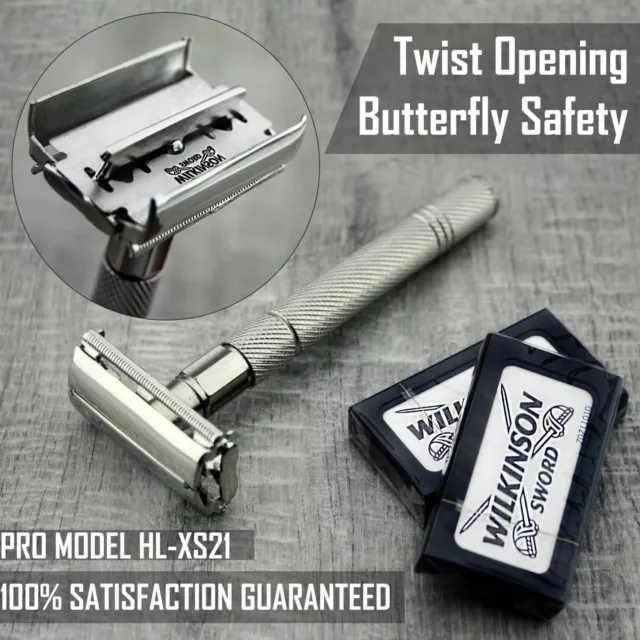 Twist Open Butterfly Safety Razor &10 Double Edge Blades Shaving Vintage Tools