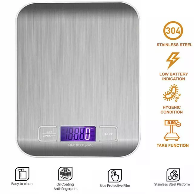 Digital LCD Electronic Kitchen Household Weighing Food Cooking Scales 10KG Steel