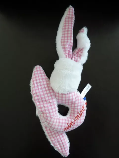 W7/ Doudou Hochet Lapin Nin-Nin Blanc Vichy Rose Grelot A Nouer - Excellent Etat