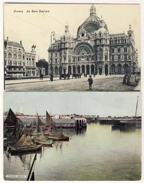 Anvers Central Train Station + Ostende Harbor Belgium RPPC Postcards Pre WW1 2x