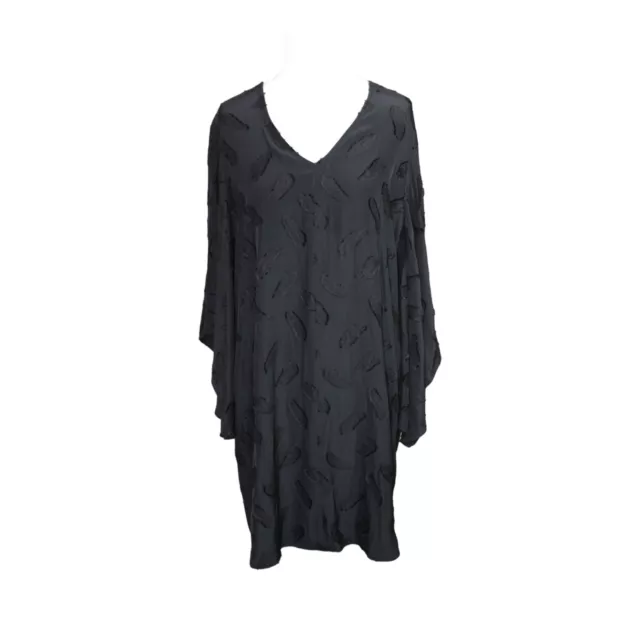 Mela Purdie Shift Dress Size 10 Black Feather Pattern Long Wide Sleeves