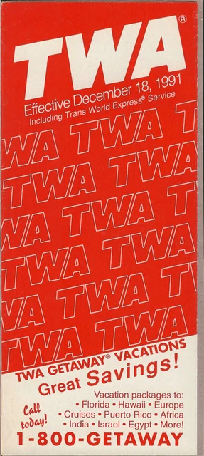 TWA Trans World Airlines system timetable 12/18/91 [308TW] Buy 4+ save 25%