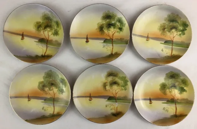 6 Hand Painted Nippon Dessert Plate Sailboat Shows wear