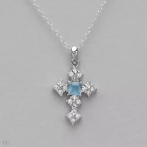 Cross Necklace W/Cubic zirconia & Simulated gem in 925 Sterling Silver 18"