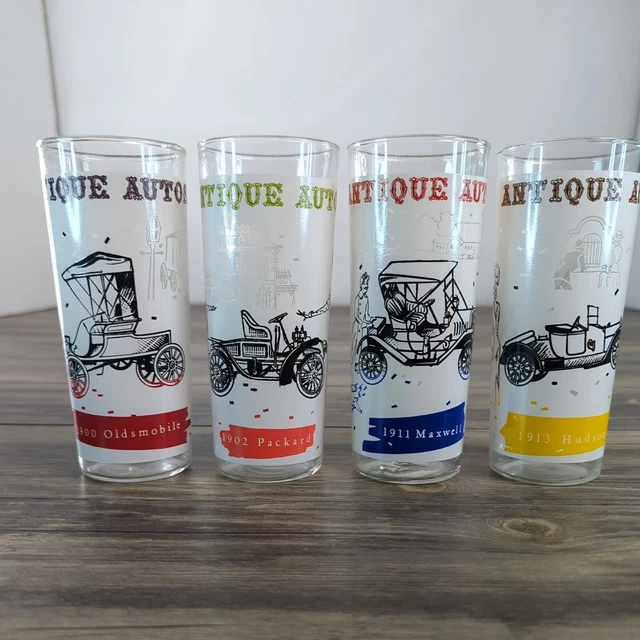 VINTAGE ANCHOR HOCKING Antique Autos Cars Tumblers 1900 Cars Frosted