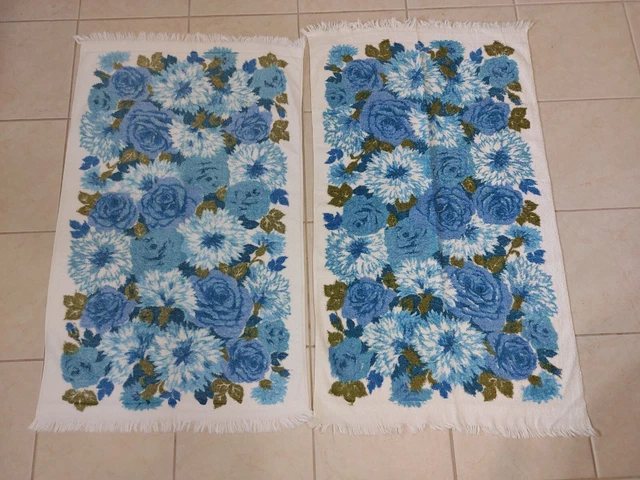 Pair Vtg Retro Mid Century Modern Blue Floral Bath Towels Fringed 23.5 x 41 VGC