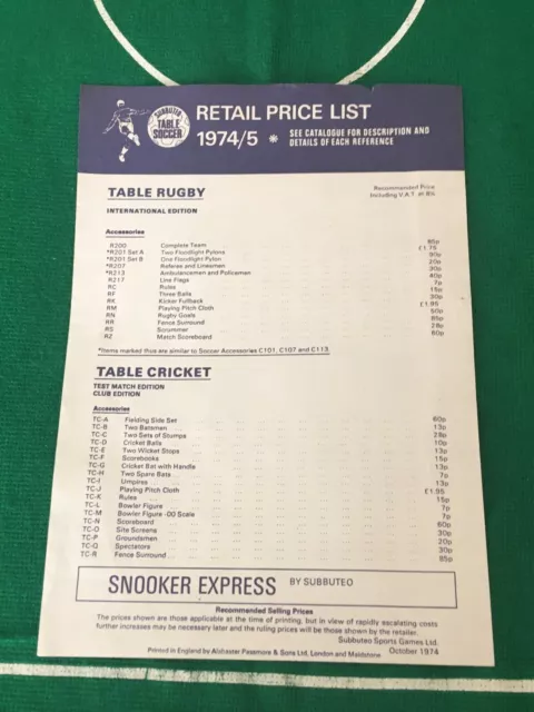 Subbuteo - Price List 1974 / 1975