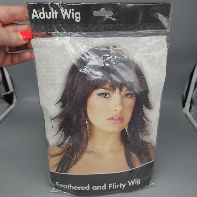 Dark Brown Feathered and Flirty Long Wig with Bangs 80s Rocker brunette