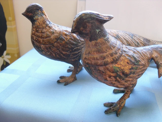Mid Century Modern Cast Iron Pair of Pheasants Male & Female Door Stoppers 13"