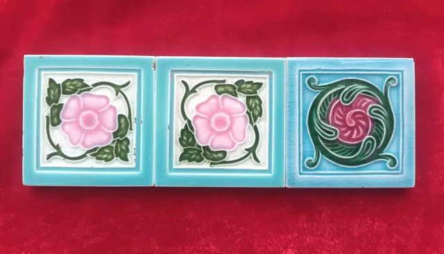 3 Pieces Lot Art Deco Floral Design Embossed Majolica Ceramic Tiles Japan 0334