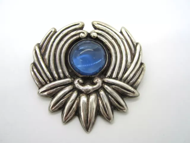 Vintage Large Los Castillo Sterling Silver Cabachon Blue Art Glass Pin Brooch