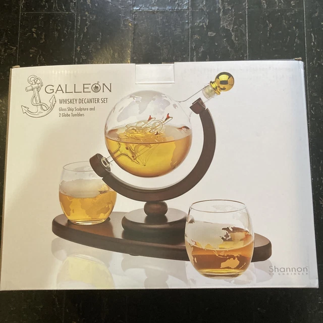 WHISKEY DECANTER SET Godinger Galleon Glass Ship Sculpture 2 globe