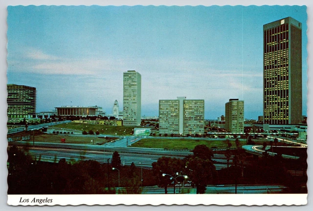 Los Angeles California Aerial Downtown Twilight View Harbor Freeway CA Postcard
