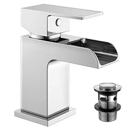 Square Basin Mono Mixer Sink Tap Bathroom Waterfall Heavy Brass Chrome Waste