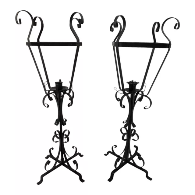 Vintage Lantern Candle Holder Stand Pair Ornate Wrought Iron Mid-Century Gothic