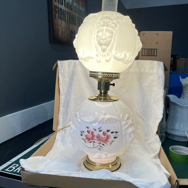 Vintage GWTW Hurricane Lamp Lion Head Milk Glass Hand Painted Rose 3-Way 24”