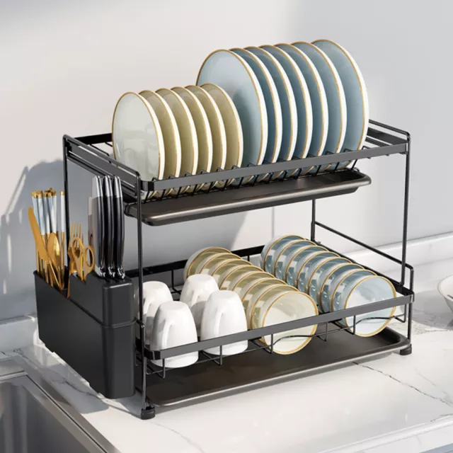 2 Tier Kitchen Sink Dish Drainer Rack with Drip Tray Cutlery Holder Plate Rack