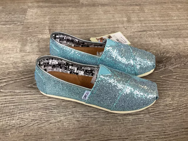 Toms Classics Turquoise Glitter Youth Girls Size 3 Slip On Casual Flat Shoes NEW
