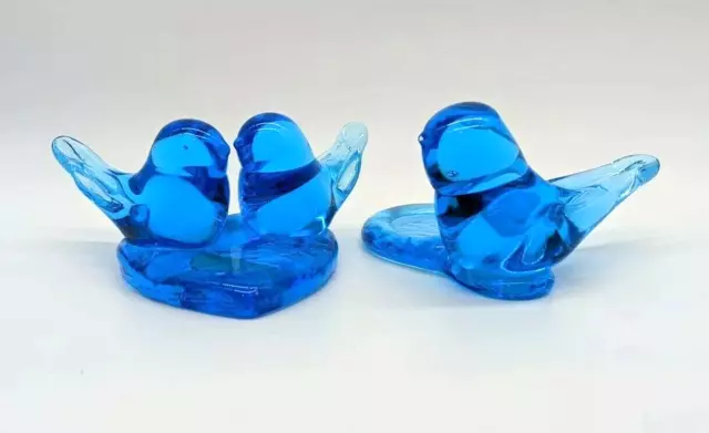 Vintage Sunny Day Bluebirds & Bluebird Of Happiness Blue Glass Signed Lot x2