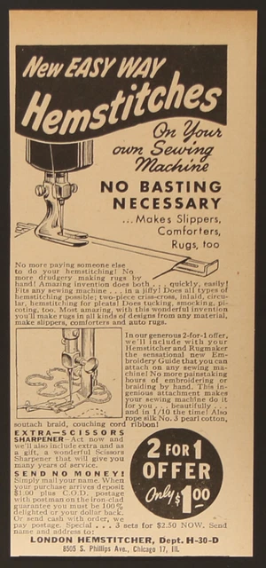 London Hemstitcher Attachment Sewing Machine Vintage Print Ad 1947