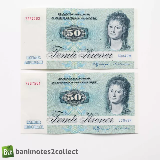 DENMARK: 2 x 50 Danish Krone Banknotes with Consecutive Serial Numbers.