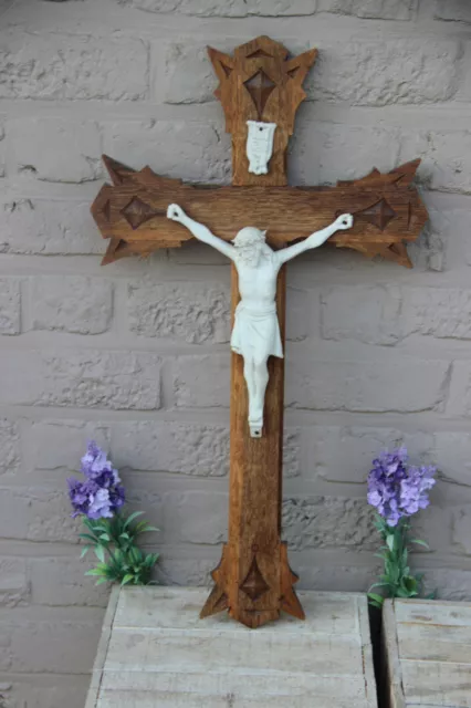 Antique french wood carved crucifix cross porcelain bisque christ religious