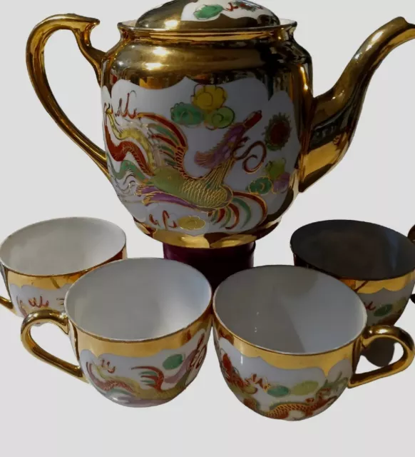 Vintage Chinese Dragon Teapot & 4 Teacups. Stunningly Bold Colors & Lavish Gold