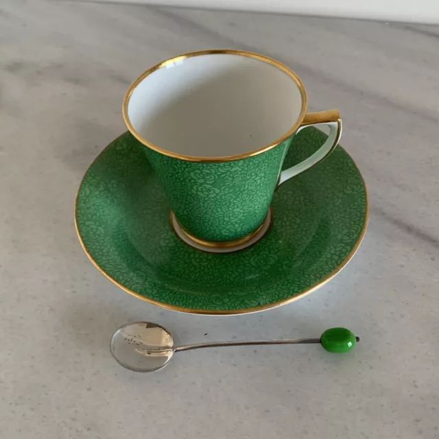 Art Deco 1933 (Spode?) Coffee Cup / Can & Saucer ~ c/w Sterling Silver Spoon