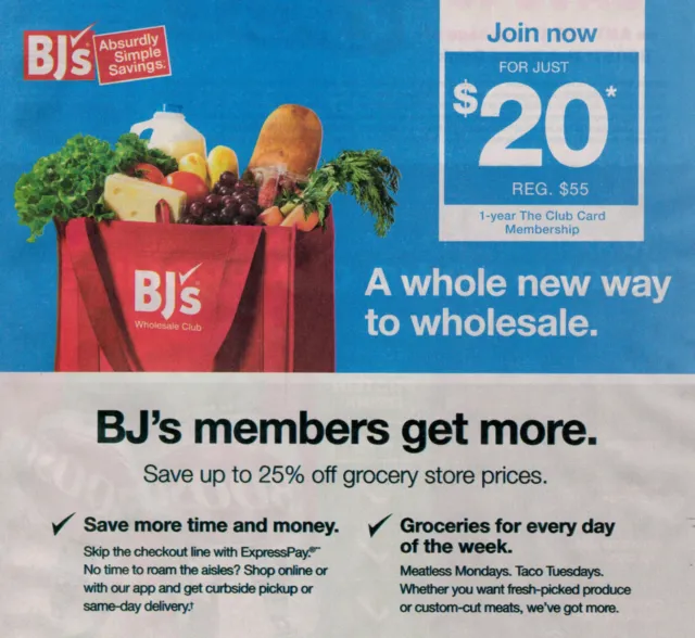 BJs Wholesale Club Membership Card Coupon New Members Join For Only $20~ 4/30/24