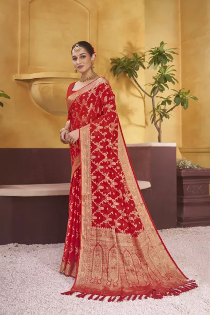 Designer Red Heavy Zari Weaving Viscose Work Sari Georgette Wedding Wear Saree 3