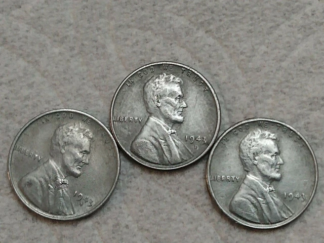 1943 P D S Lincoln Steel Wheat Cent Penny Set of 3 Coins Lot 50- 500