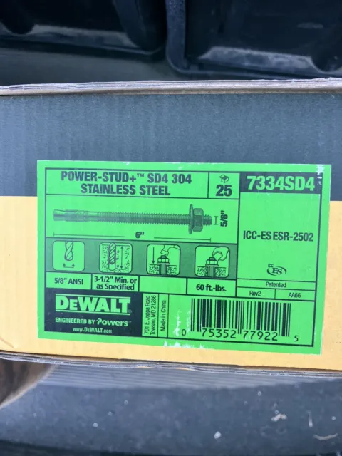 25 pc DEWALT Wedge Anchor 5/8in X 6 in Lg, Stainless Steel . Power-Stud