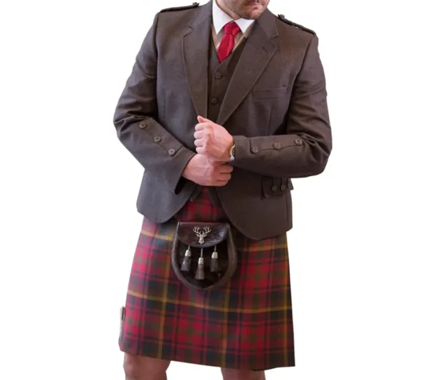 Custom Made Men's Peat Brown Wool Scottish Argyle Kilt Jacket With Waistcoat