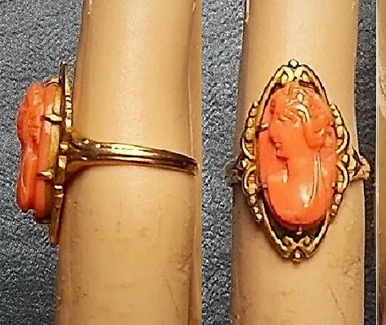 ANTIQUE Cameo Ring 10KT ROSE GOLD Genuine Salmon Coral Hand Carved High Relief 5