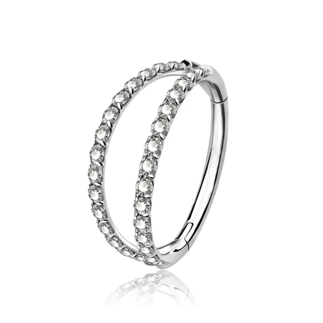 BIO PIERCING Titanium Segment Ring in Silver with Double Hoops and Crystals 16G