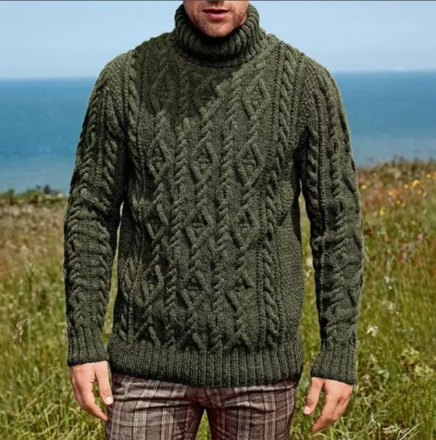 Men Cable Knitted Pullover Warm High Roll Turtle Neck Casual Sweater Jumper Tops