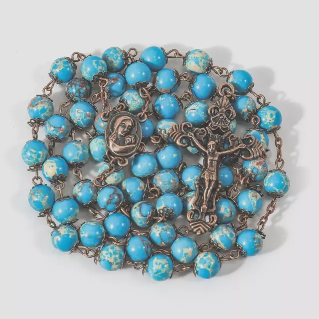 Blue Jasper Beads Rosary Beaded Necklace Natural Stone Holy Soil Medal & Cross