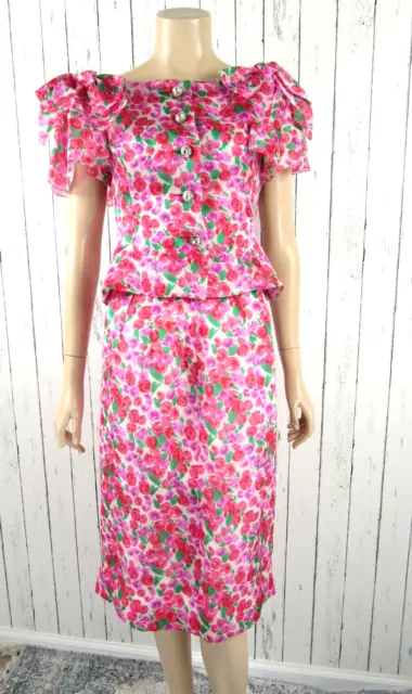 Vintage Albert Nipon Night Formal Sz 4 Pink Silk Floral Ribbons Skirt Set Suit
