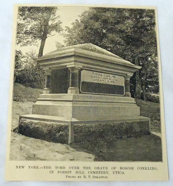 1889 Rivista Incisione ~ Utica, New York ~ Grave Di Roscoe Conkling