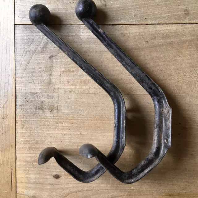 LARGE Pair Of Coat Hooks Iron Vintage Original Old Antique 8”