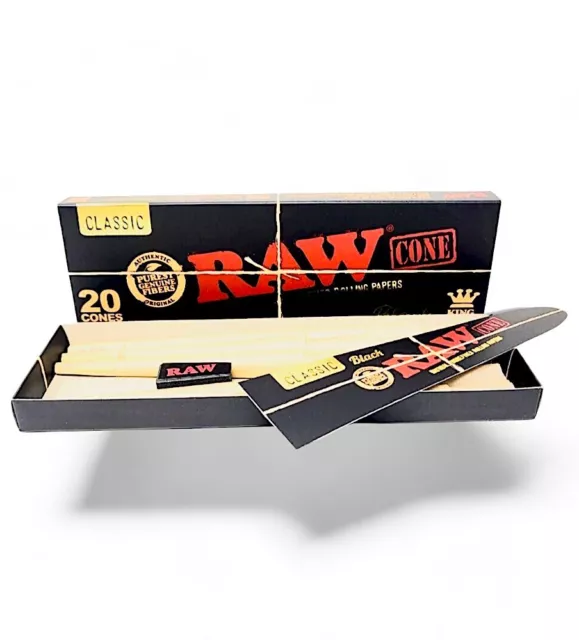 20 Pack Raw Black King Size Cones Pre Rolled Ultra Fine Natural Unrefined Paper