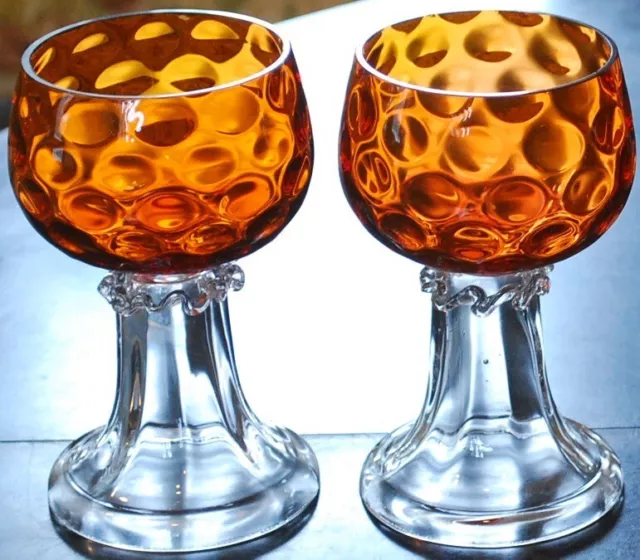 Set 4 Hand Blown ORANGE OPTIC COIN DOT GLASS Water Goblets EMPOLI ITALY 1960s