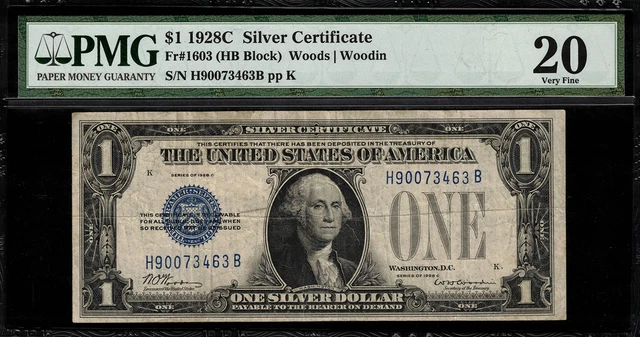 1928C $1 Silver Certificate FR-1603 HB Block - Graded PMG 20 Very Fine