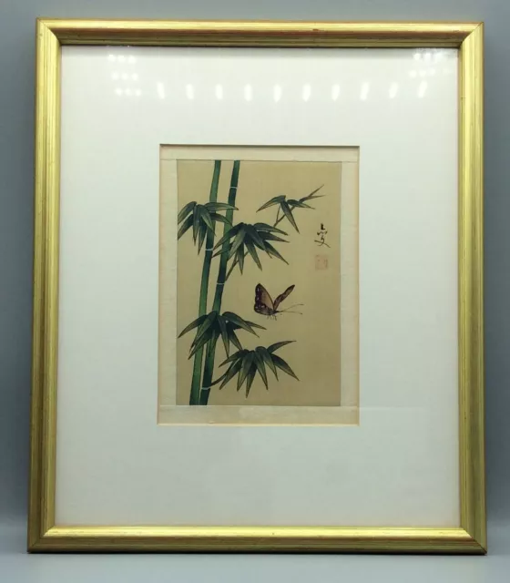 Vintage Chinese Art Paintings On Silk Hand Painted Butterfly & Bamboo Gold Frame