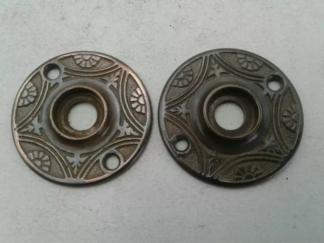 Pair Antique Brass Door Knob Rosettes Victorian Eastlake Fancy Door Hardware